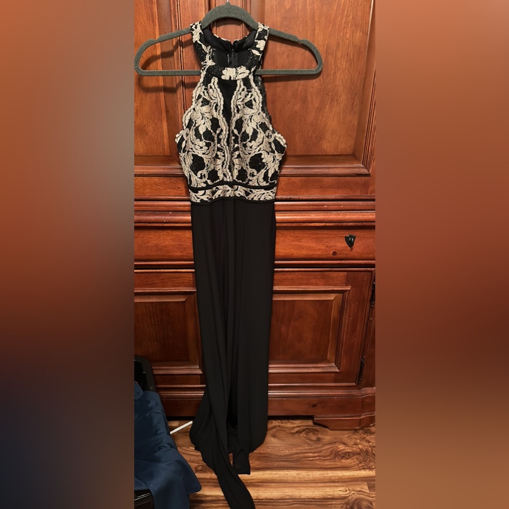 Black and gold halter dress